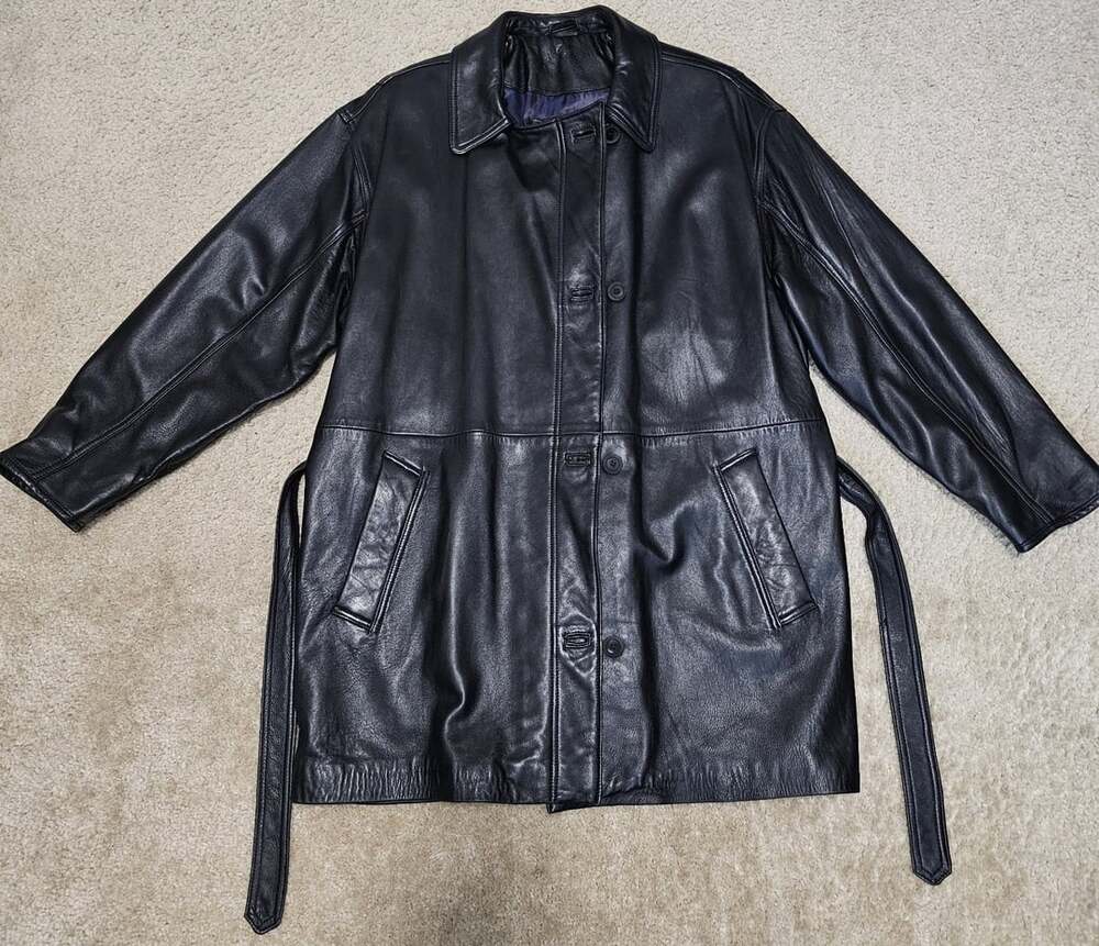 Vintage Coach Black Full Grain Leather Belted Trench Coat Men's M Made Portugal